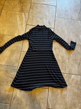 Striped Long-Sleeve A-Line Dress in Black and White